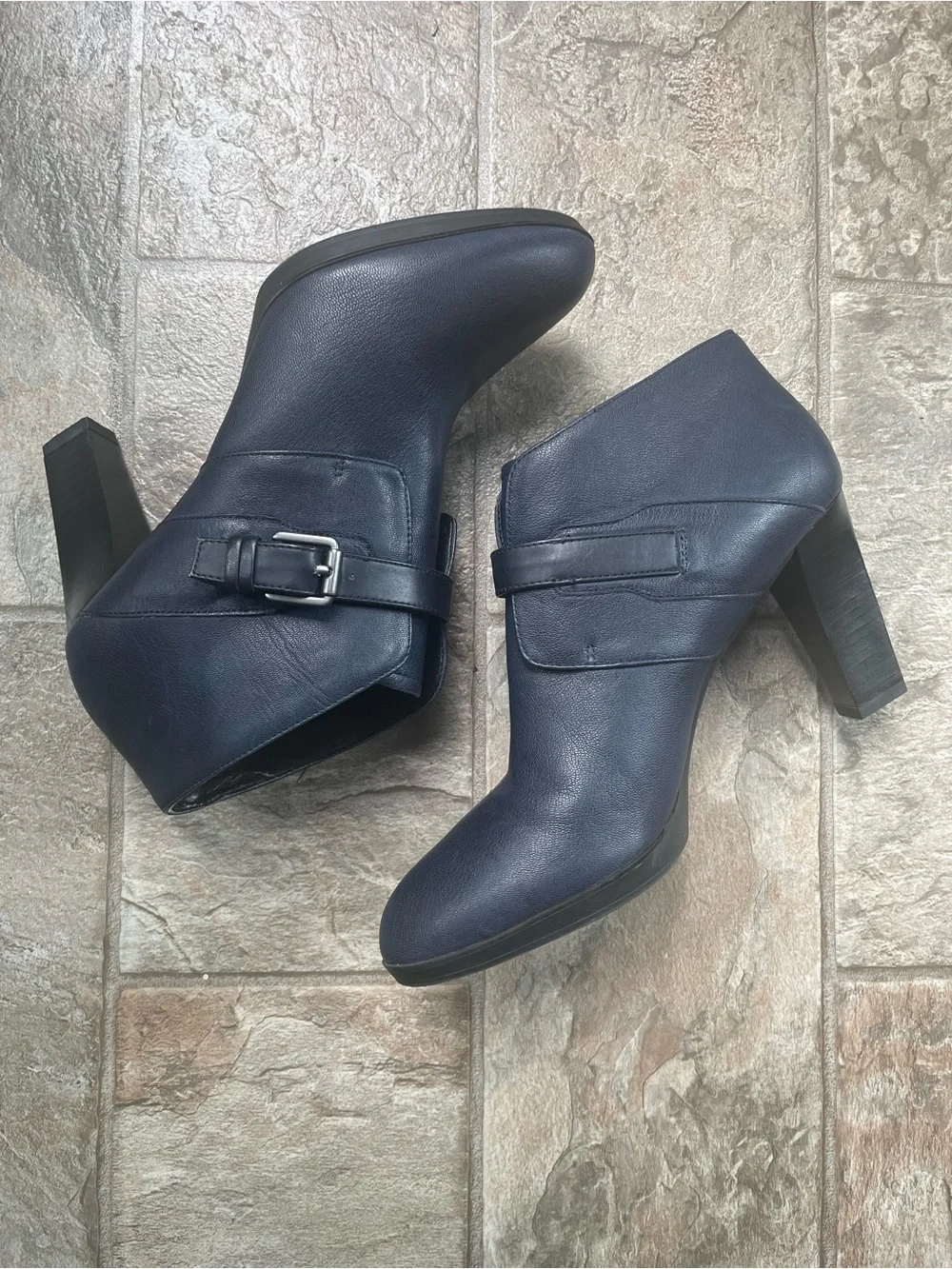 Franco Sarto Navy‎ Blue Buckle Ankle Booties with Heels, Size 9M